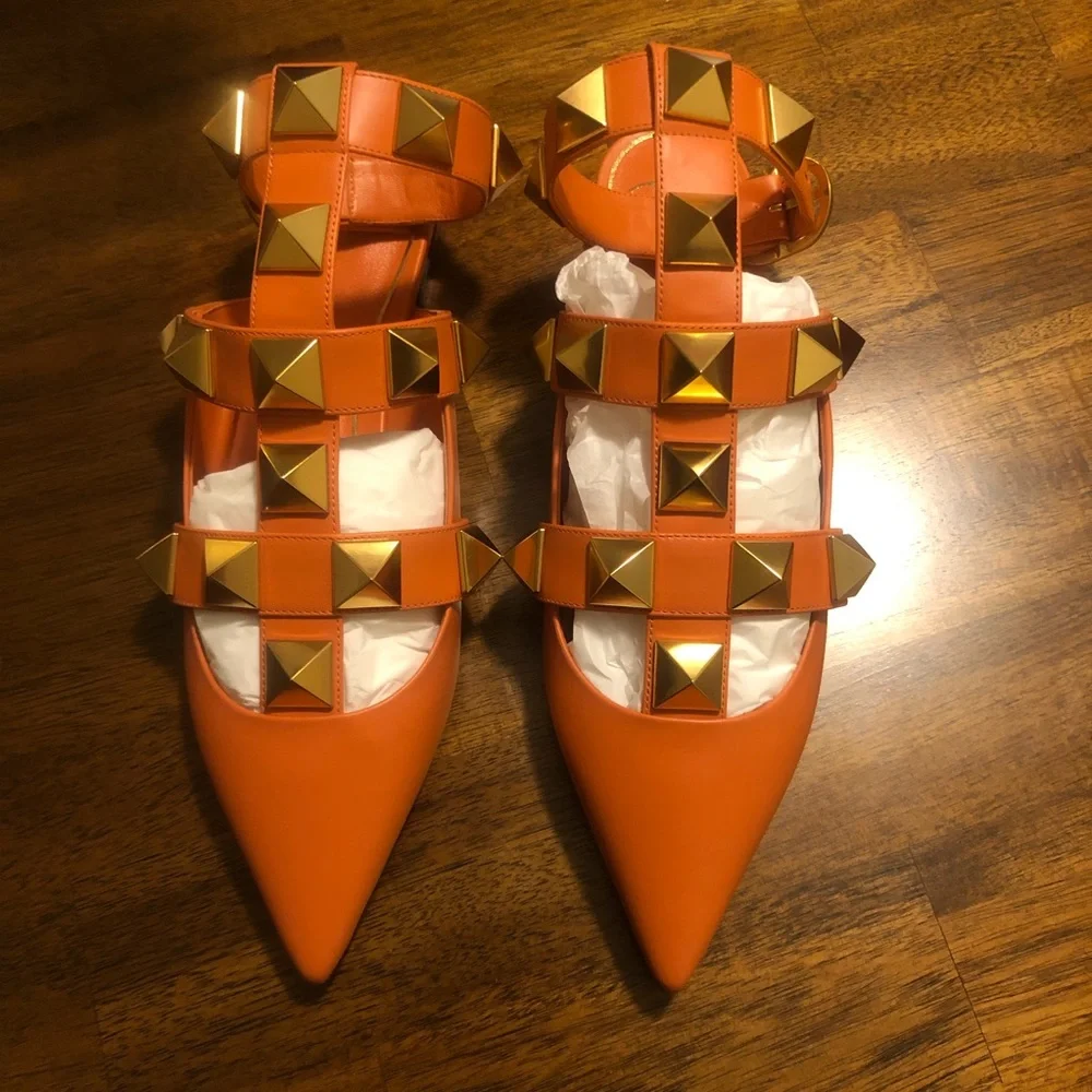 NIB $1100 VALENTINO Roman Stud Ankle-cuff Leather Ballerinas In Orange Zest 37.5